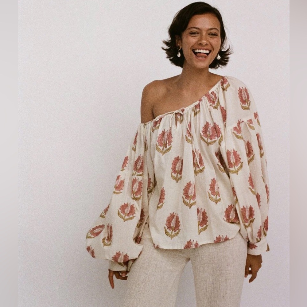 Daughters of India Cream Off-Shoulder Floral Blouse with Pink Motif